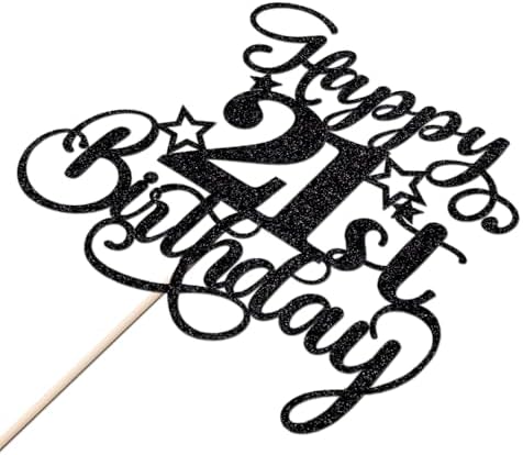 1 PCS Happy 21st Birthday Cake Topper，Glitter Cheers to 21 Years Birthday Cake Pick 21 Fabulous Cake Decoration，Boys Girls 21st Birthday Party Anniversary Party Supplies(21, Black)