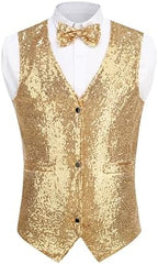 GRAJTCIN Mens Sequin Vest V-Neck Prom Vest Jacket Shiny Party Dress Suit Waistcoat Bowtie Set