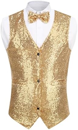 GRAJTCIN Mens Sequin Vest V-Neck Prom Vest Jacket Shiny Party Dress Suit Waistcoat Bowtie Set