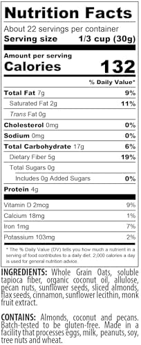 MyCerealMix Sugar Free Granola Cinnamon Pecan 24oz – Keto Diabetic Friendly Cereal, High Fiber, Gluten Free, Plant-Based, No Sugar Added, Monk Fruit, Healthy Breakfast, Non-GMO Oats