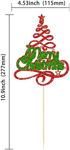 Gyufise 1 Pack Merry Christmas Cake Topper Red Green Glitter Xmas Tree Merry Christmas Cake Pick Decorations for Xmas Theme Happy New Year Party Supplies