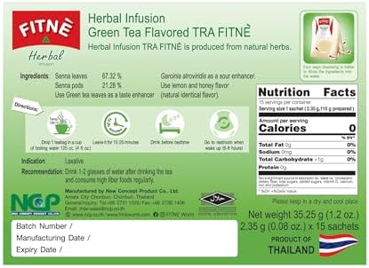 FITNÈ Green Tea Herbal Honey Lemon With Garcinia Senna Infusion Gentle Detox Cleanse High Antioxidant No Calories Stevia Sweetener, 15 Tea Bags
