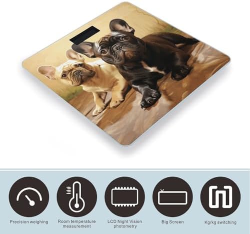 Cute French Bulldog Graphics Scale for Body Weight Automatic On Or Off Digital Scale 4-Sensor Bathroom BMI Scales Bright LED Display and Clear Numbers Scales for Pet Bedroom
