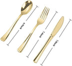 N9R 300PCS Gold Plastic Silverware, Heavy Duty Gold Plastic Cutlery Set Disposable Flatware Dinnerware, 100 Forks, 100 Spoons, 100 Knives, Perfect for Party, Wedding and Daily Use