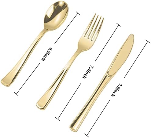 N9R 300PCS Gold Plastic Silverware, Heavy Duty Gold Plastic Cutlery Set Disposable Flatware Dinnerware, 100 Forks, 100 Spoons, 100 Knives, Perfect for Party, Wedding and Daily Use