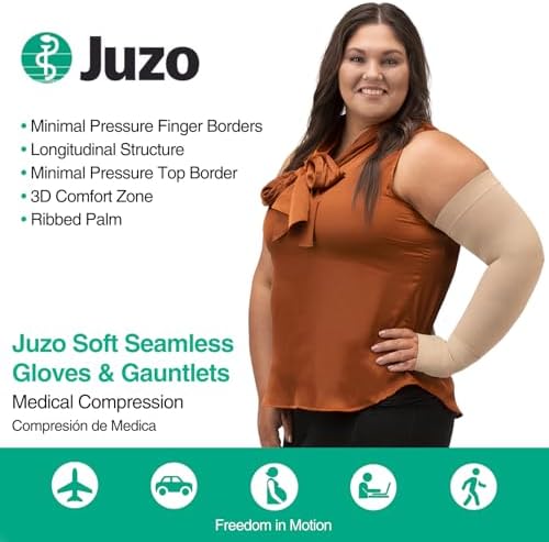 Juzo Soft Seamless Compression Gloves & Gauntlets, 20-30 mmHg, Gauntlet | Fingerless Gloves for Women & Men for Swelling and Moderate Edema & Lymphedema Management | Beige, Large, Left