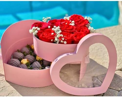 UNIKPACKAGING Premium Quality Heart Shaped Flower Box, Gift Boxes for Luxury Flower and Gift Arrangements, with Lids, Size 9x8x6.5, for Luxury Style Flower Arrangements (Pink)