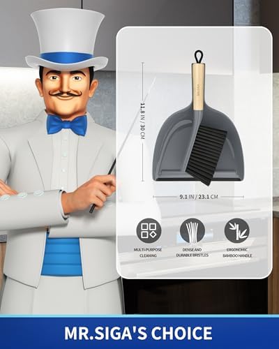 MR.SIGA Dustpan and Brush Set, Portable Cleaning Brush and Dustpan Combo with Bamboo Handle, Gray, 1 Set