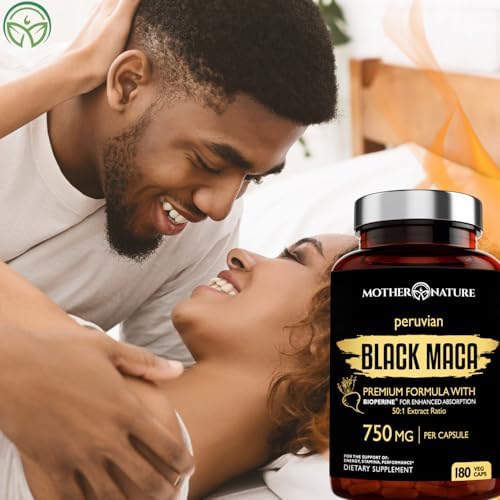 Black Maca Root 50:1 750mg – 180 Capsules Organic Peruvian Maca Peruana Supplement for Men | High Potency Energy, Mood & Performance Support | Vegan, Non-GMO