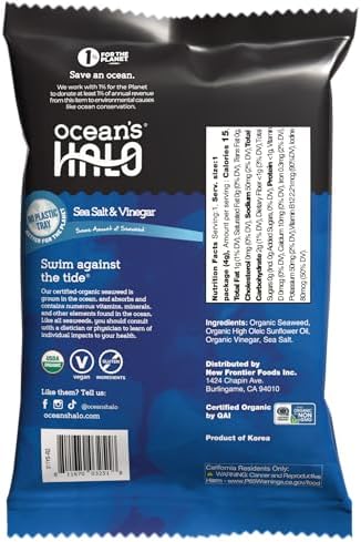 Ocean’s Halo Organic Seaweed Snacks – Sea Salt & Vinegar, Trayless, Vegan, Crispy Salty Snacks, 20-Pack (0.14 oz each)