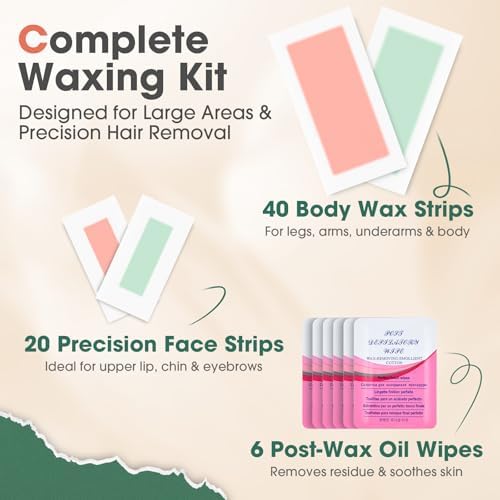 Wax Strips for Hair Removal: 60 Count (40 Large Body & 20 Face) Ready to Use Cold Waxing Kit for Women & Men – Bikini, Underarm, Legs, Arms, Upper Lip, Chin, Sensitive Skin