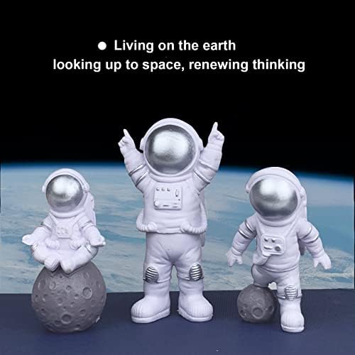 4 PCS Astronaut Figurine Space Cake Topper, Silver Astronaut Solid Resin Decor Outer Space Birthday Cupcake Desktop Ornaments Spaceman Figure Toy for Kids Party Gift, 3PCS Astronaut and 1PCS Keychain