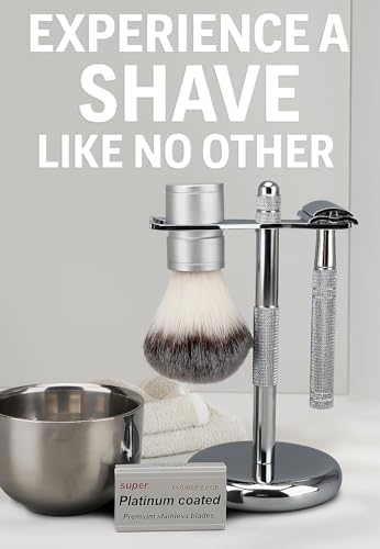 Men's Shaving & Grooming Set, Double Edge Safety Razor, Shaving Brush, Razor & Brush Stand,10 Blades, Shaving Bowl, Valentine Gift For Men, Gift for Fathers/Dads (Silver)