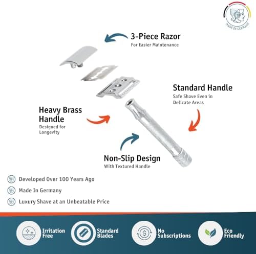 MERKUR 33C Double Edge Safety Razor, Three-Piece Design, Closed Comb, Short Handle, Bright Chrome Finish, Made in Germany