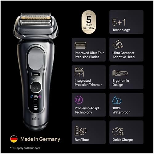 Braun Series 9 PRO+ Electric Shaver, Wet & Dry Razor, Pro SensoAdapt, 6in1 SmartCare Center, 9697CC, Silver