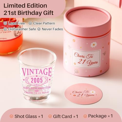21st Birthday Gifts for Her - Limited Edition Shot Glass - Vintage 2005 Cheers To 21 Years, Finally 21 Party Decorations Supplies - Turning 21 Bday Present for Girl Women Sister Daughter Friends