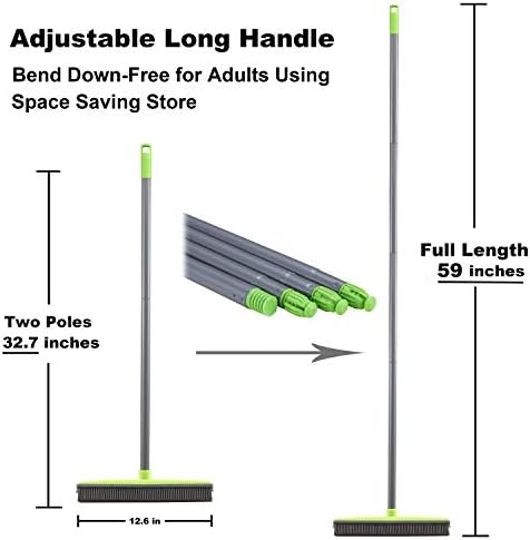 LandHope Push Broom Long Handle Rubber Bristles Sweeper Squeegee Edge 59 inches Non Scratch Bristle Broom for Pet Cat Dog Hair Carpet Hardwood Tile Windows Clean Water Resistant (Multi Segment Handle)