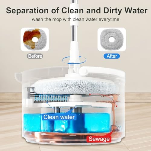 Mop and Bucket Set, Spin Mop and Bucket Set with Separation Dirty and Clean Water System Self Wringing Square Mop and Bucket with 3 Washable Microfiber Pads, Deep-Cleaning Mops for Floors
