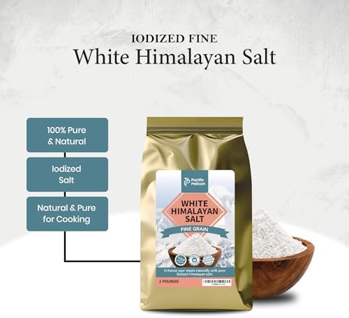 Pacific Pelican Iodized White Himalayan Salt | Fine Grain, Unrefined, Pure Rock Salt | 2 Pounds | Pack of 2 | 100% Natural & Organic for Cooking, Seasoning & Wellness