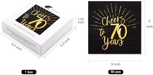 WRAPAHOLIC 50Pcs 70th Birthday Napkins - 3-Ply Disposable Paper Cocktail Napkin, Black and Gold Foil Cheers to 70 Years - 5 x 5 In