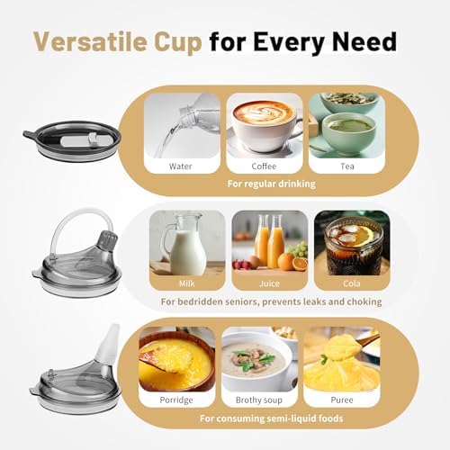 Adult Sippy Cup, 14oz Spill Proof Cup with Straw for Elderly, 3 in 1 Stainless Steel Sippy Cup with 2 Lids, No Spill Feeding Cups for Patient Disabled Maternity Drink Water Milk Soup - White