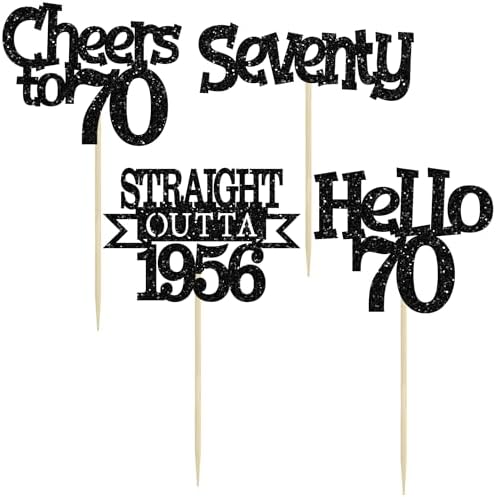 Ephlyn 24Pcs Happy 70th Birthday Cupcake Toppers Glitter Straight Outta 1956 Cupcake Picks Hello 70 Cheers to 70 Years Birthday Cake Decorations for 70th Birthday Anniversary Party Supplies Black