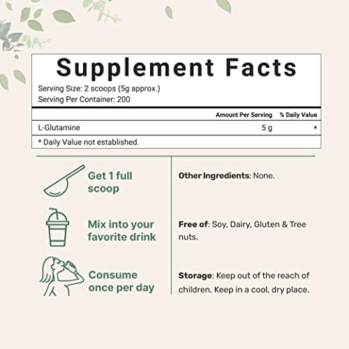 Pure L-Glutamine Powder, 2.2lbs (1kg) | Free Form Amino Acid | Unflavored Glutamine Supplement | Non-GMO, Vegan Friendly