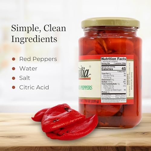 Vantia Roasted Red Peppers 12 oz Jar – Fire-Roasted Sweet Peppers in Brine, Tender & Flavorful for Sandwiches, Salads, Antipasto & Mediterranean Cooking
