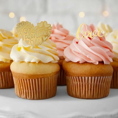20 PCS Happy Valentine's Day Cake Toppers,Gold Acrylic Love Heart Cupid Cupcake Toppers,Valentine's Day Party Food Decorations,Anniversary Engagement Wedding Cake Decoration Birthday Party Supplies