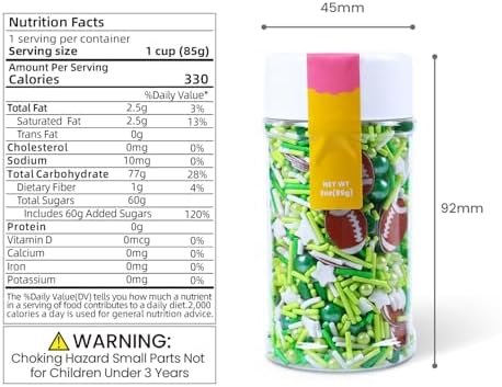 Football Sprinkles for Edible Cake Decorating, Green Sprinkles Mix with Football Edible Rice Paper, 3oz balls Sports Themed Sprinkle for Baking, Cupcakes, Ice Cream, Cookie, Chocolate Decorating