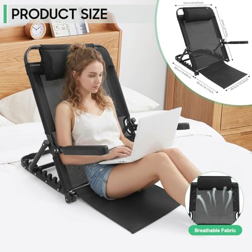 Adjustable Lifting Bed Backrest with Armrest, Large Folding Bed Rest Sitting up 8 Levels 40°- Approaching 90°, Multifunction Portable Backrest Support with Pillow for Neck Head (Black)