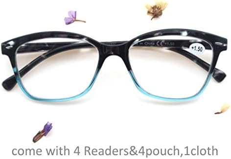 Women Reading Glasses 2.0 4 Pair Stylish Ladies Readers with Comfort Spring Hinge Pattern Design Pouch Included Blue Demi