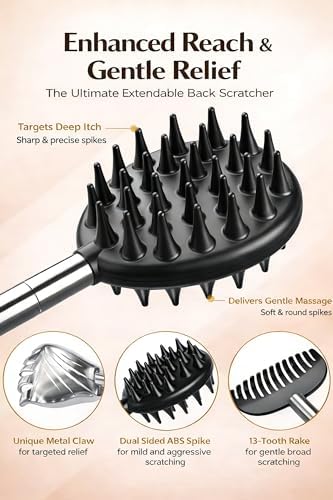 Gumry Versatile Back Scratcher - Portable Telescoping Extendable Back Massager Tool with Different Heads & Rubber Handles, Stocking Stuffers Birthday Gift for Men Fathers Dad Women - Black