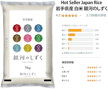 [Product of Japan] Ginga no Shizuku from Iwate | Japanese Premium Short Grain White Sushi Rice | Special A Rank Award Winner | Glossy, Mellow Texture 銀河のしずく - 11 Pound