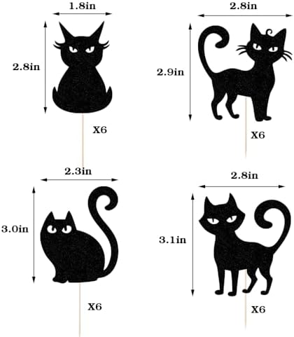 24 Pack Cat Cupcake Toppers Black Glitter Kitten Cat Cupcake Food Picks- Halloween Kitten Theme Baby Shower Kids Birthday Wedding Party Cake Decorations Supplies