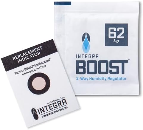Integra Boost 62% RH Level - 8 Gram Size - Two-Way Humidity Control Pack - Includes Replacement Indicator Cards - Food Storage & Herbs Moisture Balancer for Up to 1oz (Pack of 6)