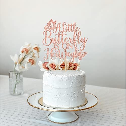 A Little Butterfly is on Her Way Cake Topper - Gender Reveal Baby Shower Cake Decor, Welcome Baby Girl, Butterfly Baby Shower Party Supplies, Rose Gold Glitter