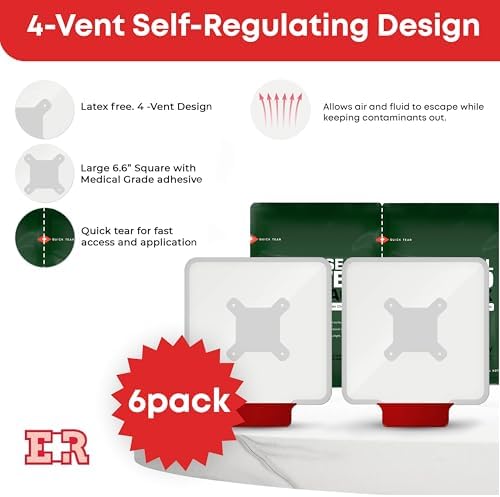 Vented Chest Seal with Quick Tear - 6.6” Square Occlusive Adhesive Dressing for Open Chest Wounds - 6-Pack (12-Counts)