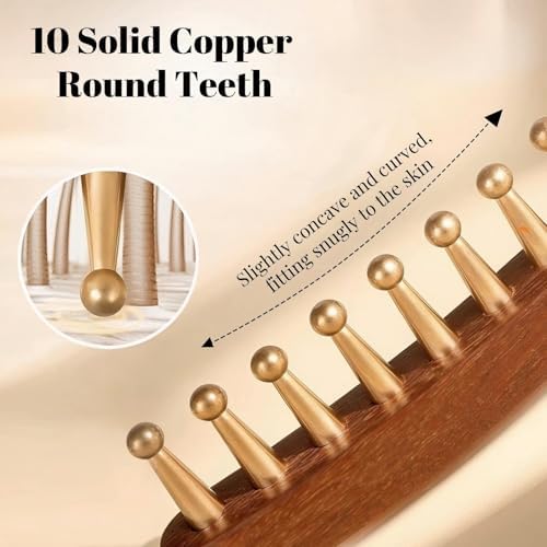 Copper and Sandalwood Wide Tooth Massage Comb, Meridian Acupuncture Gua Sha Tool for Hair Growth, Scalp and Body Relaxation