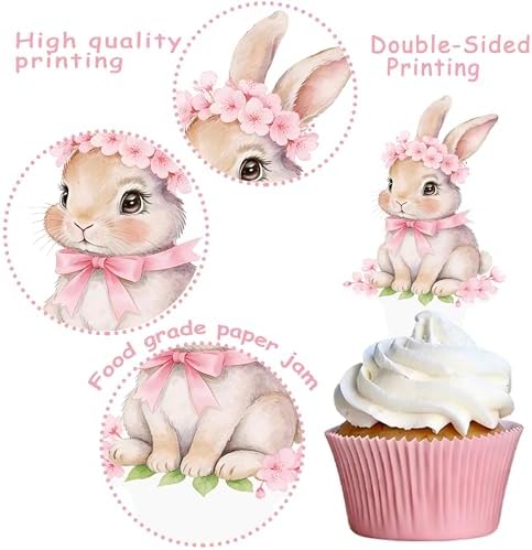 Bunny Birthday Party Supplies Easter Bunny Party Cupcake Toppers 48PCS Floral Rabbit Cake Decorations Easter's Day Cupcake Picks For Easter Birthday Baby Shower Decor