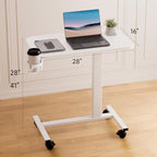 GTPLAYER Small Standing Desk with Wheels, Pneumatic Mobile Rolling Laptop Desk, Adjustable Height Overbed Bedside Table Computer Workstation for Home Office (28" W x 16" D, White)