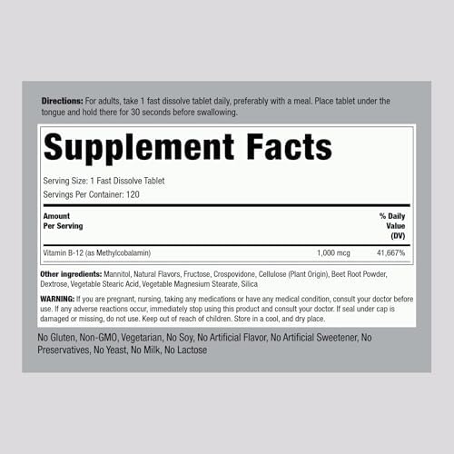 Piping Rock Vitamin B12 1000 mcg Sublingual | 120 Tablets | as Methylcobalamin | Berry Flavor | Vegetarian, Non-GMO, Gluten Free Supplement