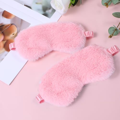 2 Pcs Plush Eye Mask Soft Sleeping Blindfold Eye Cover Comfortable Furry Faux Fur Sleeping Mask Satin Nap Night Eyeshade Cover for Women Men Gift (Pink)