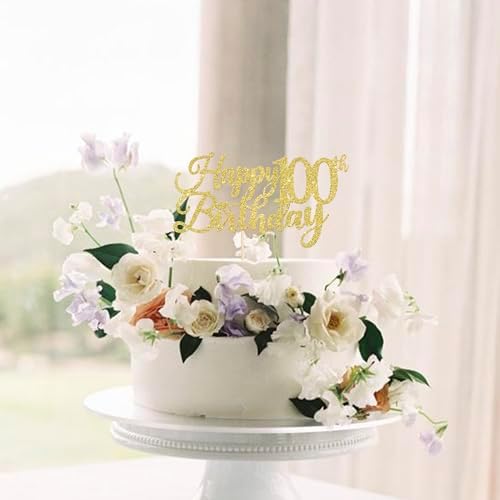 Rsstarxi 1 Pack Happy 100th Birthday Cake Topper Gold Glitter Cheers to 100 Years Hello 100 Fabulous Cake Pick for It's My 100 Birthday Theme Celebrate Party Cake Decorations Supplies