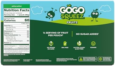 GoGo squeeZ Fruit on the Go, Apple Apple, 3.2 oz (Pack of 20), Unsweetened Fruit Snacks for Kids, Gluten Free, Nut Free, and Recloseable Cap, BPA Free Pouches (Packaging May Vary)