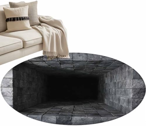 Round Area Rugs Collection 3 Ft, Optical Illusion Non-Slip Residential Carpet, Abstract 3D Black Grey Looks Like Holes Indoor Crawling Mats Doormat Runner Rugs Play Mat for Bedroom