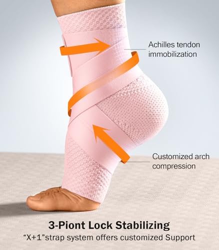 Flat Knitting Ankle Brace for Women&Men, 7-Zone Dynamic Compression Sleeve w/Flex Strap,Foot Support for Sports, Sprained Ankle, Achilles Tendonitis, Plantar Fasciitis Relief(Pack of1) M,Pink