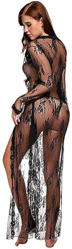 Women Sexy Robe Lace Sheer Long Kimono Nightgown Lingerie with G-string