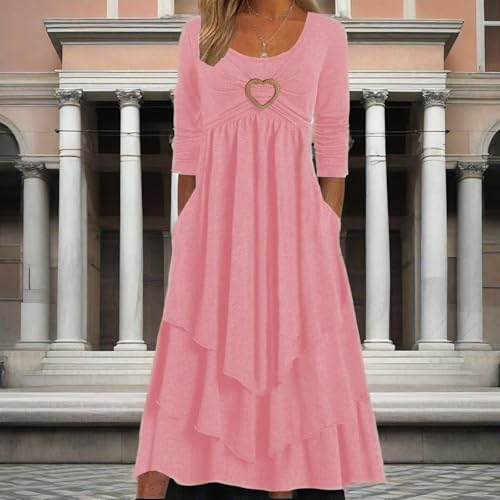 Zhyaj Winter Dresses for Women Wedding Guests Casual Cute Heart Long Sleeve Tiered Maxi Dress with Pockets Plus Size