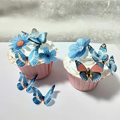 Edible wafer butterfly & flower mixed set 33 pieces of blue cake decorations, cupcake topping 258